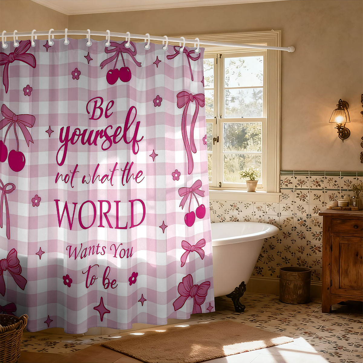 1 Buah Tirai Mandi Motif Pita  - Home Bathroom Partition ulasan dan harga